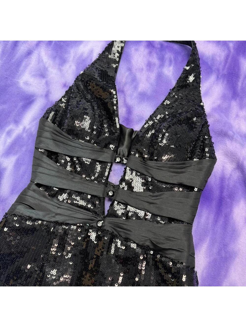 Vtg Black halter neck sequin cocktail dress with cutout detail